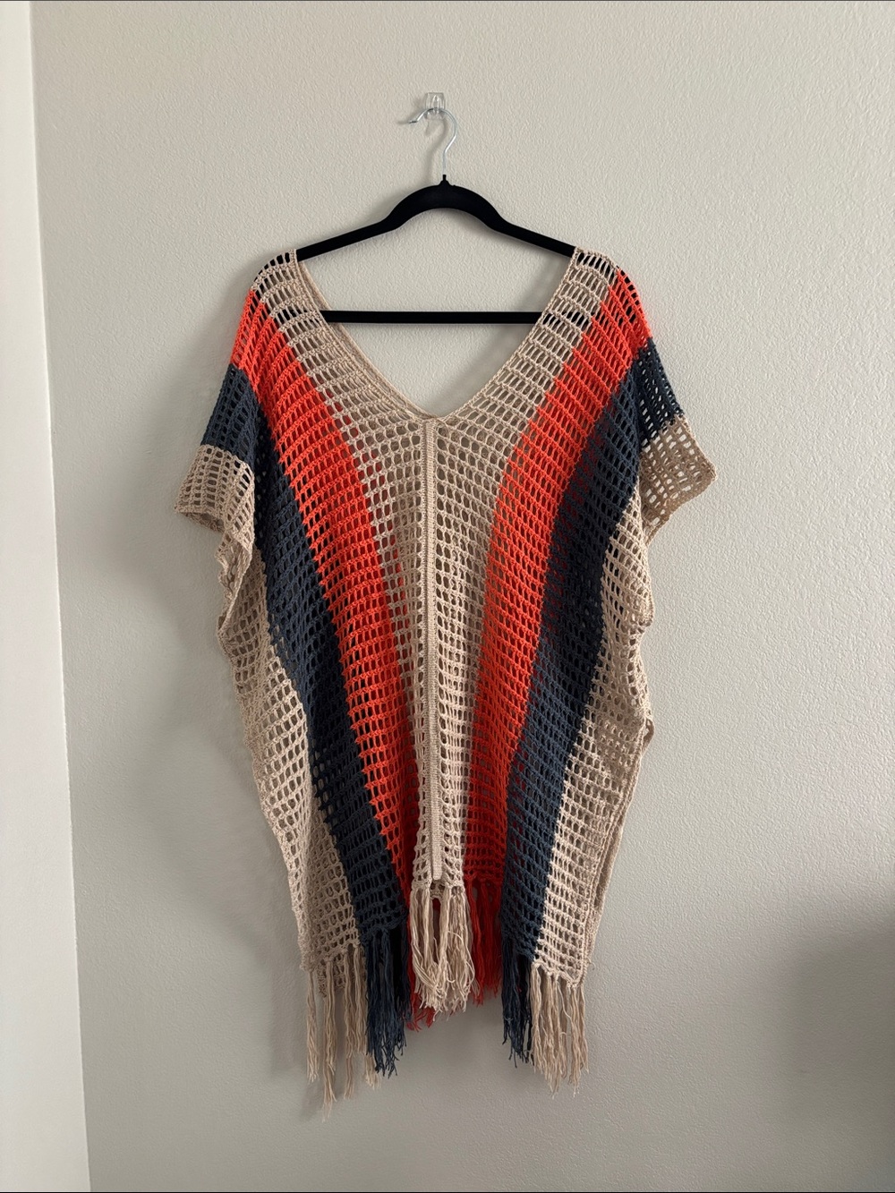Women Swim Coverup Crochet Poncho in Tan, Orange, and Navy